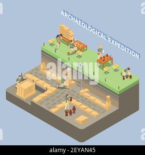 Archeology isometric composition with ancient remains and expedition symbols vector illustration Stock Vector