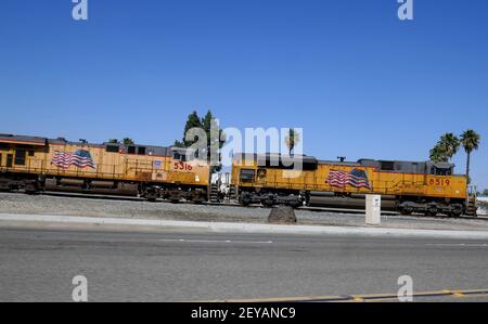 Anaheim, California, USA 4th March 2021 A general view of atmosphere of Train Cars with American Flags on March 4, 2021 in Anaheim, California, USA. Photo by Barry King/Alamy Stock Photo Stock Photo