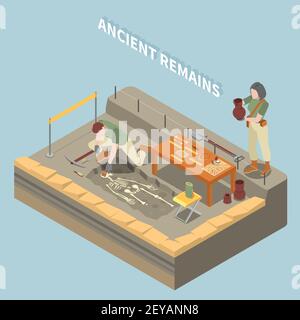 Archeology isometric concept with ancient remains and objects symbols vector illustration Stock Vector