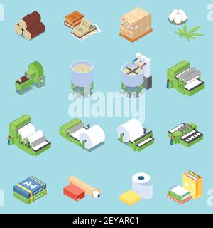 Paper production icons set with wood and press symbols isometric ...