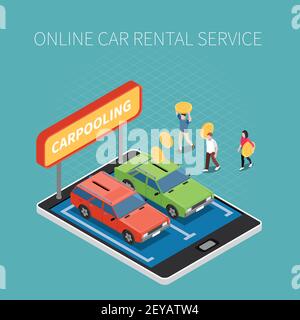 Car rental isometric concept with online service symbols vector illustration Stock Vector