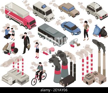 Air pollution in city isometric set with indusrty symbols isolated vector illustration Stock Vector