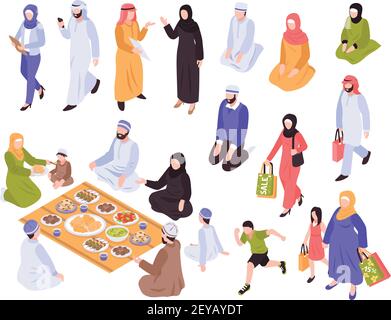 Arab family set with traditional food and shopping symbols isometric isolated vector llustration Stock Vector