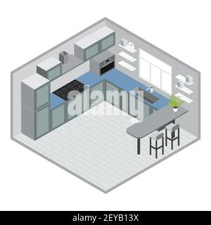 Isometric kitchen design with grey blue cabinets microwave bar counter stools window tiled floor clock vector illustration Stock Vector