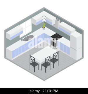 Isometric home dining room with white blue cupboards and cabinets table chairs grey walls plant vector illustration Stock Vector
