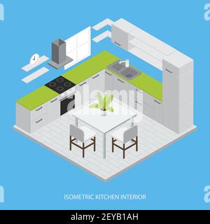 Kitchen interior isometric design with grey cabinets green working surface table chairs on blue background vector illustration Stock Vector