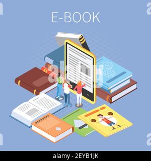 Library concept with online reading and ebooks symbols isometric vector illustration Stock Vector