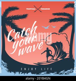 Colored surfing poster with big title white catch the wave enjoy life and surfer on the wave vector illustration Stock Vector