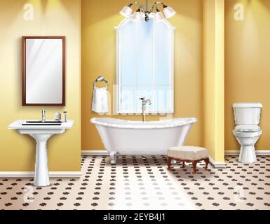 Simple bathroom interior realistic composition with bath toilet and bidet 3d elements vector illustration Stock Vector