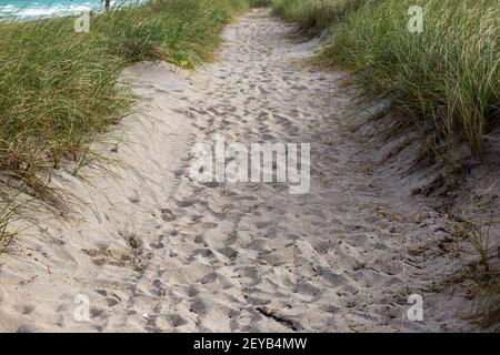 Footprints mark a sandy trail running along the Atlantic Ocean on Hutchinson Island near Jensen Beach, Florida, USA. Stock Photo