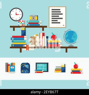 School books concept with educational accessories on brown shelves and set of learning icons isolated vector illustration Stock Vector