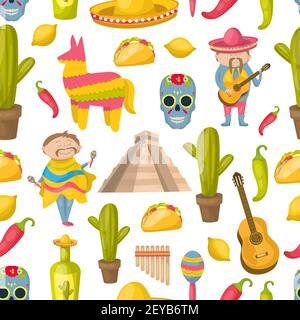Mexican seamless background pattern with elements of traditions and attractions of the country vector illustration Stock Vector