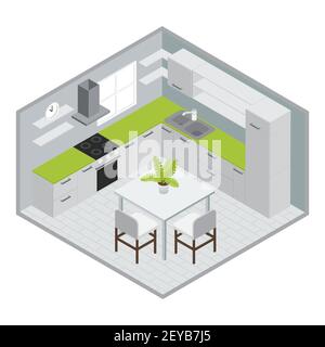 Room for cooking isometric design with white green kitchen furniture stove sink window tiled floor vector illustration Stock Vector