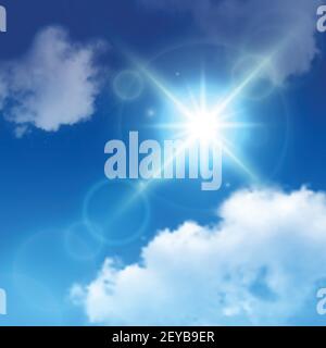 Realistic sun lens flares among white clouds on blue sky background vector illustration Stock Vector