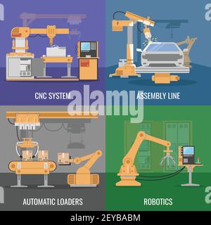 Four square automated assembly icon set with descriptions of cnc system assembly line automatic loaders and robotics vector illustration Stock Vector