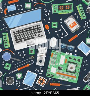 Computer service background seamless pattern with tools and equipments for computers repair vector illustration Stock Vector
