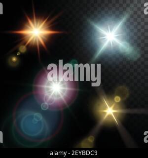 Realistic lens flares beams of golden pink blue orange colors on black half transparent background vector illustration Stock Vector