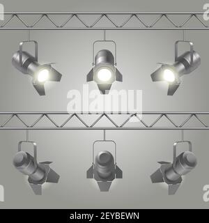 Realistic spotlights set hanging on iron slabs of ceiling and shines on stage vector illustration Stock Vector