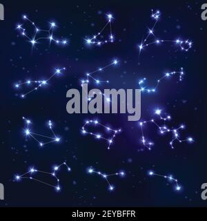 Realistic constellations zodiac signs collection with gemini leo pesces sagittarius on blue starry background isolated vector illustration Stock Vector