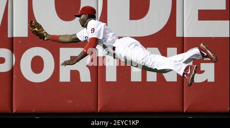 Philadelphia Phillies left fielder Domonic Brown (9) prepares for the game  against the Colorado Rockies. The