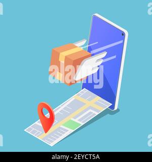 Flat 3d Isometric Parcels Box Flying Forward Rapidly From Smartphone with Pin on The Map. Fast and Safe Delivery Services Concept. Stock Vector