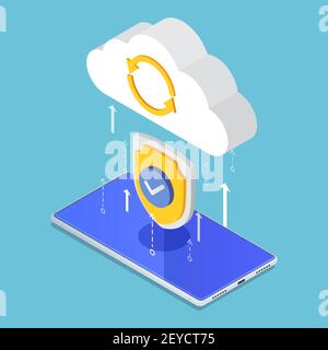 Flat 3d Isometric Cloud Computing Upload Protecting by Security Shield. Data Protection and  Cloud Computing Security Concept. Stock Vector