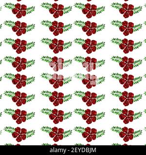 A seamless pattern of red periwinkle flowers with green leaves isolated on white background Stock Photo