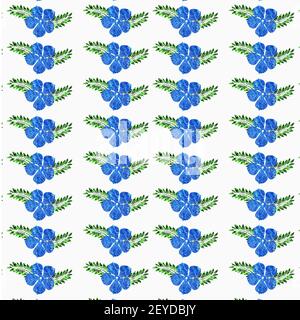A seamless pattern of blue periwinkle flowers with green leaves isolated on white background Stock Photo