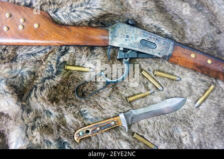 Hunting concept with a lever action rifle, a bone handled hunting knife and 38-55 caliber bullets scattered on a grey fur background. Stock Photo