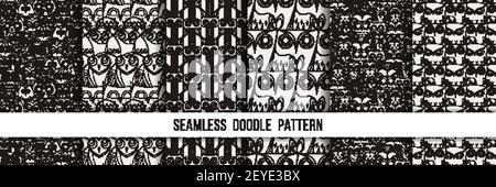 Set of seamless doodle owl patterns. Cute print collection for kids, scrap and other. Vector endless illustrations Stock Vector