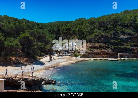 Ibiza, Spain - May 2, 2016: Cala Salada and Cala Saladeta two beaches in the municipality of San Antonio on the island of Ibiza. With little construct Stock Photo