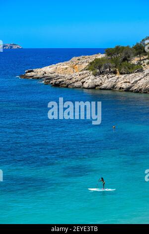 Ibiza, Spain - May 2, 2016: Cala Salada and Cala Saladeta two beaches in the municipality of San Antonio on the island of Ibiza. With little construct Stock Photo