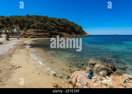 Ibiza, Spain - May 2, 2016: Cala Salada and Cala Saladeta two beaches in the municipality of San Antonio on the island of Ibiza. With little construct Stock Photo