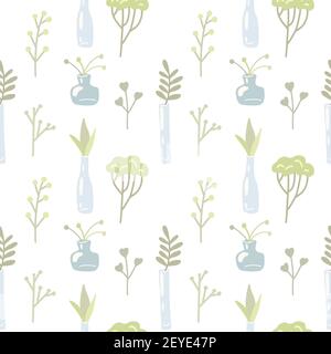Delicate spring pattern with herbs and plants in glass vases on a white background. Wallpaper with flat fennel, fern and bottles. Seamless texture for Stock Vector