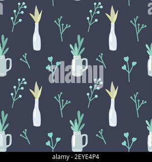 Delicate spring pattern with herbs and plants in glass vases on dark blue background. Wallpaper with flat aloe, branch and bottles. Seamless texture f Stock Vector