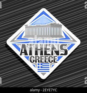 Vector logo for Athens, white rhombus road sign with illustration of parthenon temple in acropolis on day sky background, decorative fridge magnet wit Stock Vector