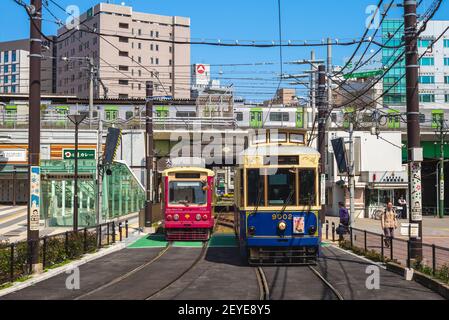 April 1, 2018: The Toden Arakawa Line, branded as the Tokyo Sakura Tram, is a hybrid light rail or tram line in Tokyo, Japan, operated by the Tokyo Me Stock Photo