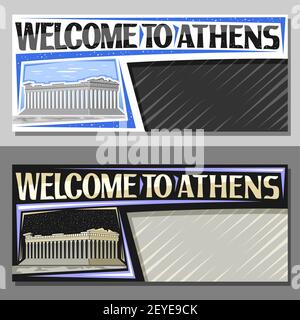 Vector layouts for Athens with copy space, decorative voucher with illustration of parthenon temple in acropolis on day and dusk sky background, art d Stock Vector