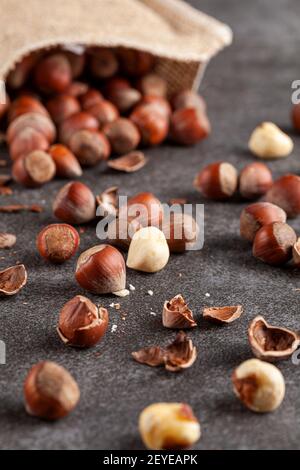 closeup selective focus image of hazelnuts in shells scattered from a vintage burlap sack onto dark background. Some are shelled and some are cracked. Stock Photo