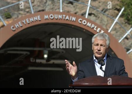 Secretary of Defense Chuck Hagel addresses the local press outside the entrance of Cheyenne Mountain Air Force Station as he visits USNORTHCOM in Colorado Springs, Col., June 28, 2013. (Photo by Glenn Fawcett/DoD/Sipa USA)