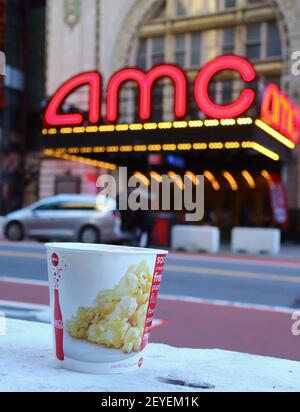 An outside view of AMC 42nd Street theater as movie theaters reopen at 25% capacity across the city, New York City, NY, USA, March 5, 2021. New York Gov. Andrew Cuomo has said that movie theaters are permitted to reopen on March 5 at 25% capacity, at no more than 50 people per screening. Photo by Charles Guerin/ABACAPRESS.COM Stock Photo