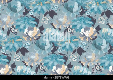 Art floral vector seamless pattern. Blue asters, dahlias, chrysanthemums, hydrangea. Stock Vector