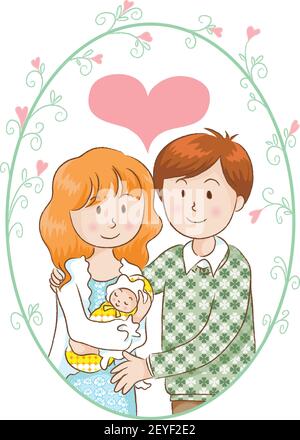 vector drawing Young parents and newborn baby Stock Vector