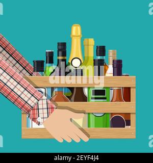 Alcohol drinks collection in box in hand. Stock Vector
