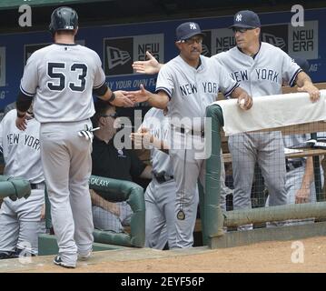 The New York Yankees' Austin Romine (53) is congratulated in the dugout after he scored a run in the sixth inning against the Texas Rangers at the Rangers Ballpark in Arlington on Thursday, July 25, 2013, in Arlington, Texas. New York prevailed, 2-0. (Photo by Max Faulkner/Fort Worth Star-Telegram/MCT/Sipa USA)