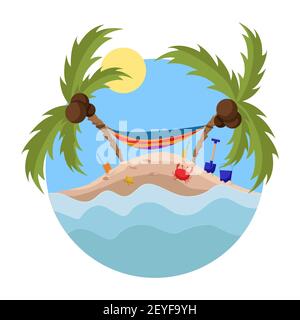 Hammock and palms on island. Summer time on island. Stock Vector