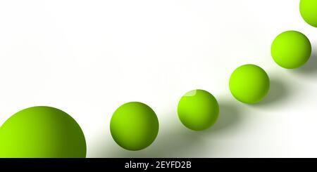 Floating wave of 3d rendered green sphere balls or orbs on white background in illustration design. Vector objects with dropped shadow and copy space. Stock Photo