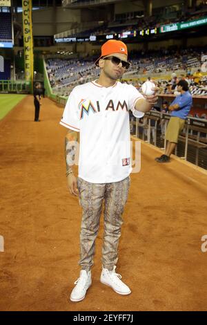 Dominican Urban Artist Sensato attends The Cleveland Indians vs Miami  Marlins to throw the first pitch at Marlins Park on August 3rd, 2013 (Photo  by Alberto E. Tamargo/Sipa USA Stock Photo 