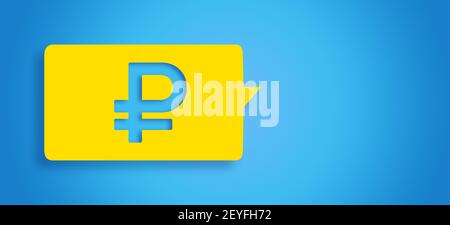 3D rendered Ruble icon in chat bubble concept: Isolated yellow bubble on blue background with copy space. Russian money symbol. Economy and financial Stock Photo