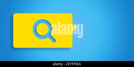 3D rendered search icon in chat bubble concept: Isolated yellow bubble on blue background with copy space. Magnifying glass symbol. Searching the web Stock Photo